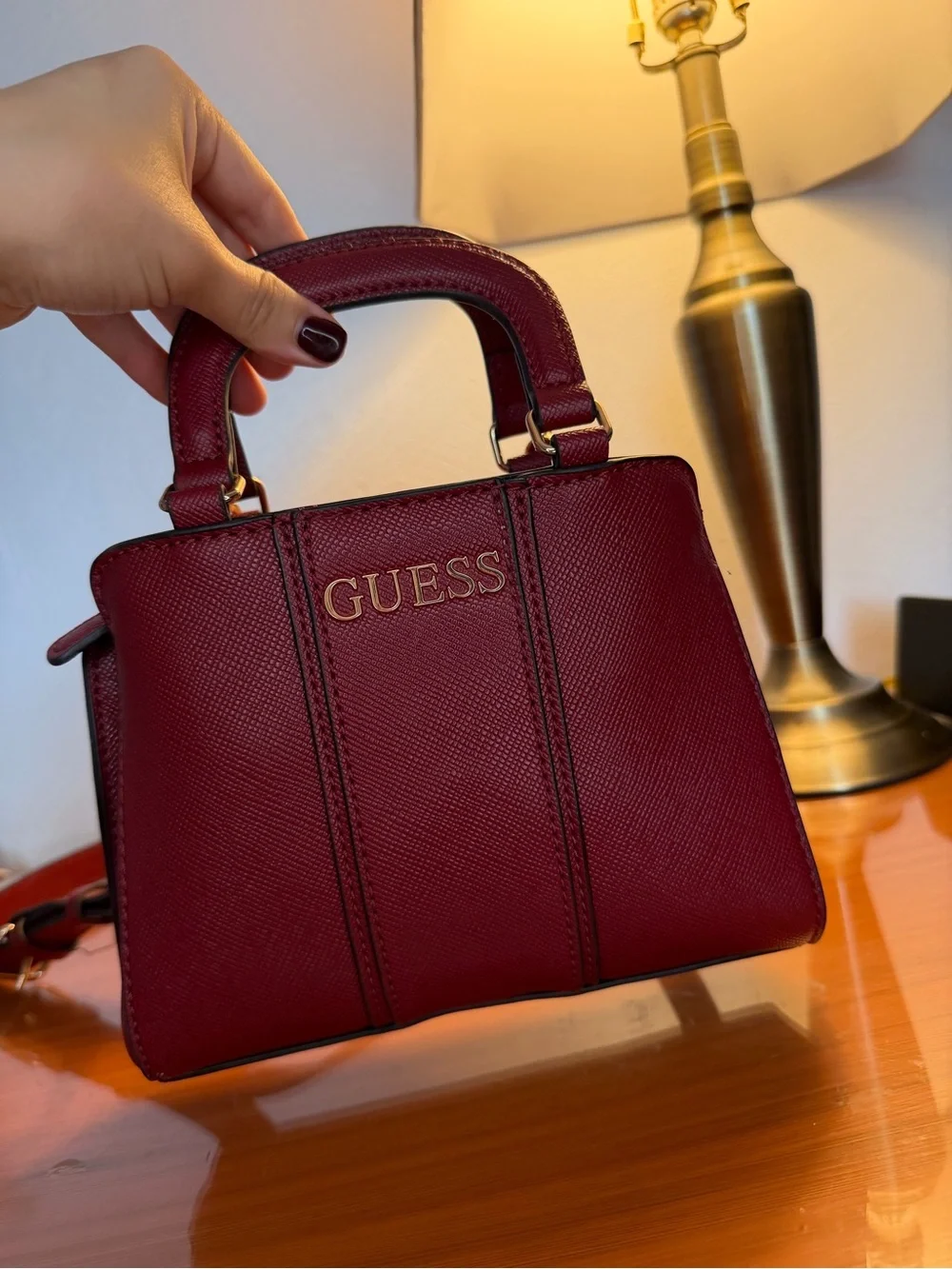GUESS Burgundy Mini Satchel Crossbody Bag with Adjustable Strap